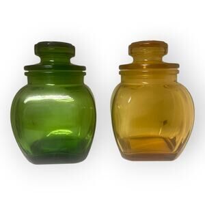 2 L.E. Smith Emerald Green & Amber Glass Apothecary Canisters w/Daisy Top Lids